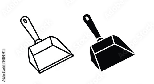 Two black and white illustrations of scoops with handles