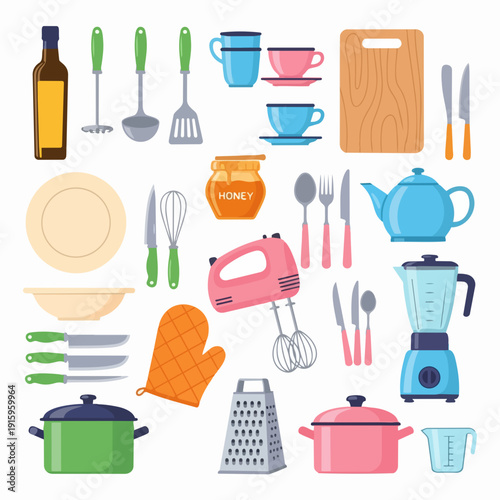Collection of Kitchen Utensils and Appliances.