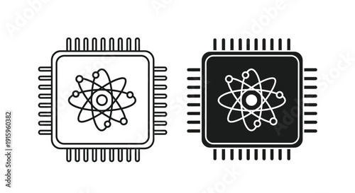 Two computer chips with atom symbols on a, representing technology and science concepts in a simple design