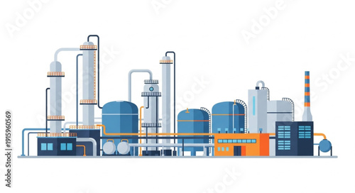 Modern industrial chemical plant with distillation towers and storage tanks.