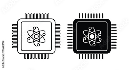 Microchip with atom symbol and in line art style for science and technology concepts