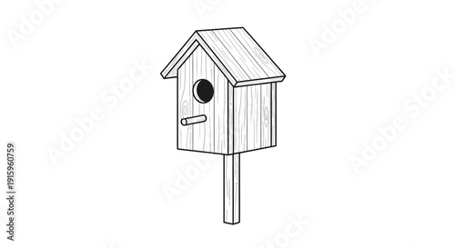 Simple Wooden Birdhouse on a Pole, Hand-Drawn Sketch Style