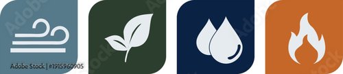 Four Nature Elements Icon Set featuring Air Water Earth and Fire, Ecological Sustainability Symbols for Environment Conservation, Minimalist Natural Forces Logo Collection