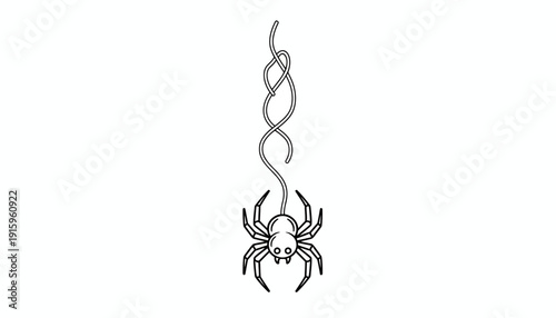 Spider hanging on a web thread, descending, black and white illustration