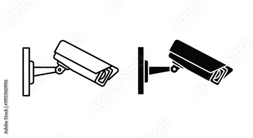 Two security cameras in black and white line art style