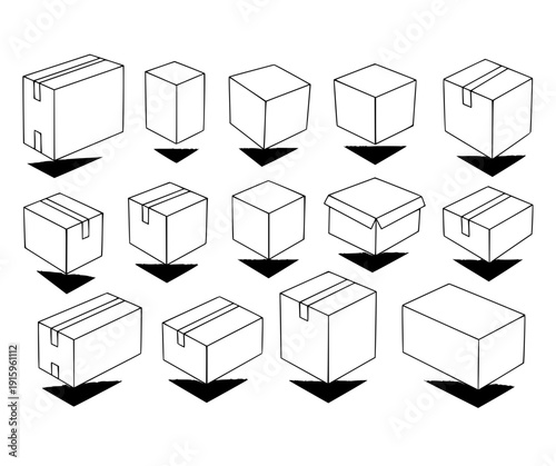 A vector graphic illustration of various cardboard box designs and orientations