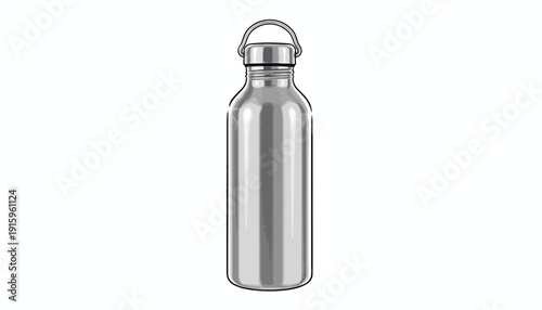 Shiny Stainless Steel Water Bottle with Loop Cap on White Background
