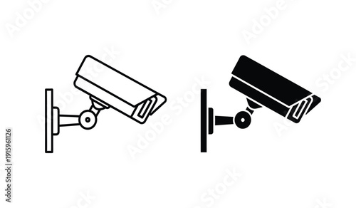Black and white line art illustration of two security cameras with different designs and mounting brackets