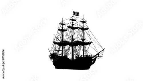 Silhouette of a Pirate Ship with Jolly Roger Flag Sailing on White Background