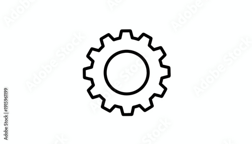 Simple black and white gear icon, isolated on white background, symbolizing industry, mechanics, and engineering.