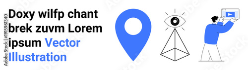 Blue pinpoint icon, geometric eye with rays, and man holding a tablet with video screen. Ideal for technology, location, abstract concepts, education, media, creativity simple landing page