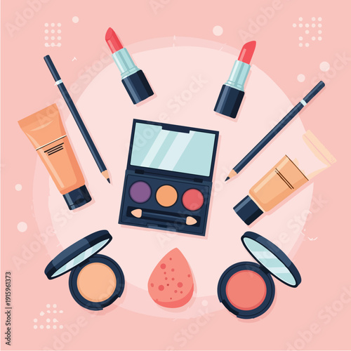 Collection of makeup products arranged artistically on a pink background.
