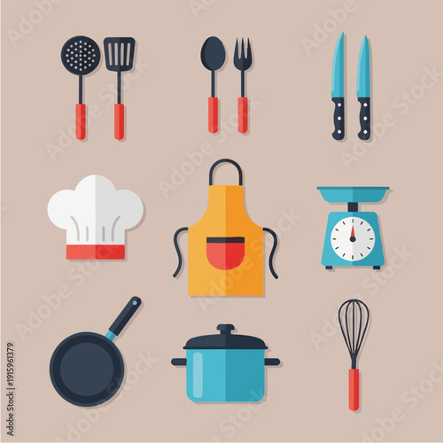 Collection of Kitchen Utensils and Cooking Equipment Flat Design.