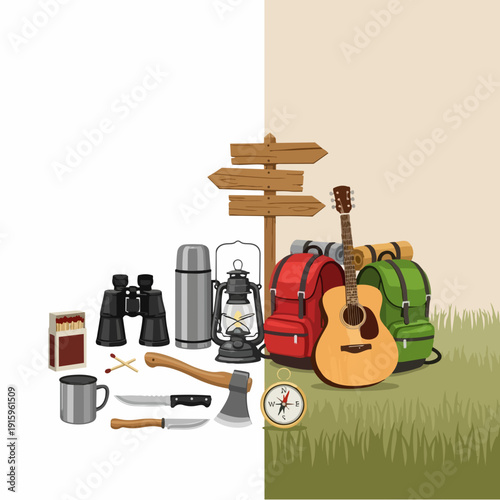 Camping and hiking gear arranged for outdoor adventure.