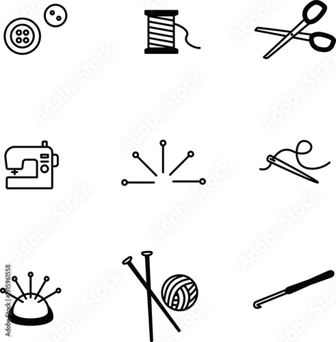 ソーイングアイテムのアイコンセット、線太め　Web　Adobe Illustrator Artwork