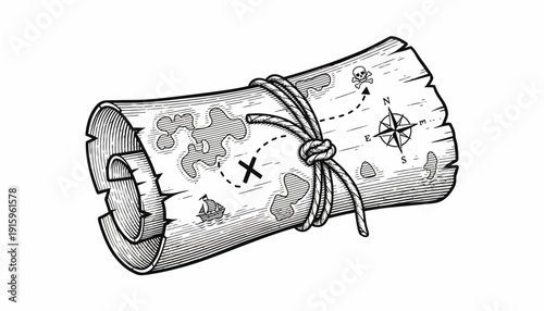Pirate Treasure Map Rolled Up with X Marks the Spot and Compass Rose
