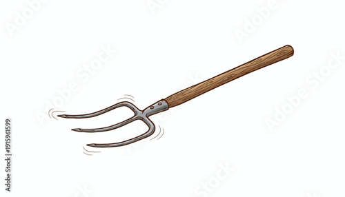 Pitchfork Garden Tool with Wooden Handle on White Background
