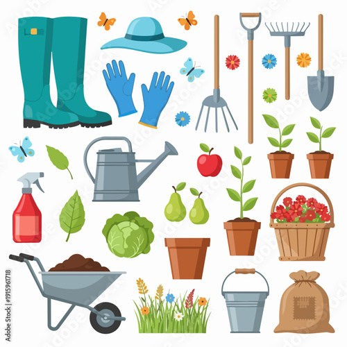 Gardening Tools and Supplies Collection Illustration.