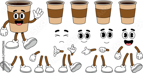 Cute Coffee Cup Mascot Character Set with Different Facial Expressions, Hands and Cartoon Poses