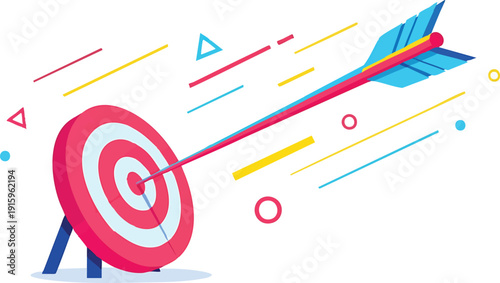 Arrow in bullseye target with dynamic abstract lines. Concept of success, goal achievement, and accuracy.