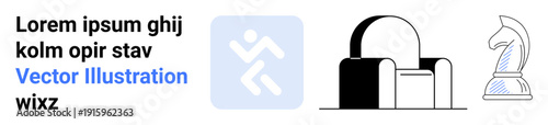 Fitness, interior design, strategy, business planning, teamwork, leisure. A running figure, a modern armchair and a chess knight in vector art. Fitness and interior design concept