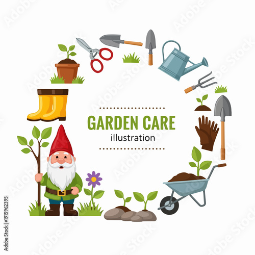 Garden Care Illustration with Gnome and Tools.