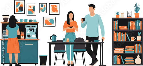 Coworkers on coffee break in modern office, casual meeting, flat vector illustration of business interaction