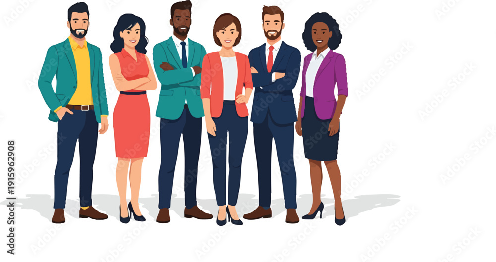 Obraz premium Diverse professional business team illustration. Multi-ethnic corporate employees, teamwork, collaboration, flat design vector.