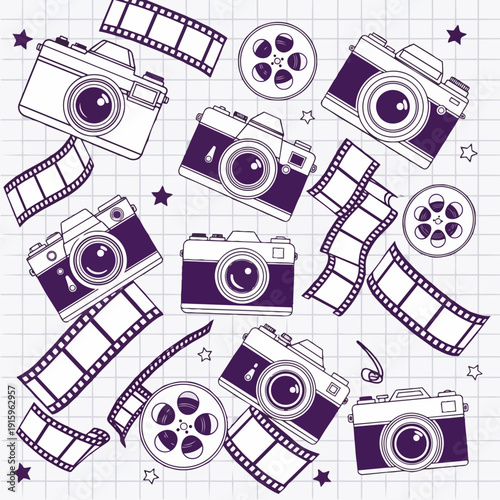 Vintage Cameras and Film Rolls Seamless Pattern.