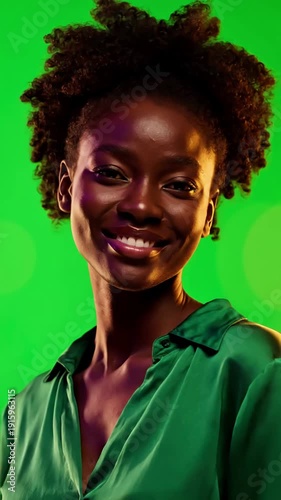 Green Screen slow motion portrait of an african american millennial woman looking at the camera on to be keyed or composited scene 4 with distortion, overlay, glitch, static noise, scan lines black