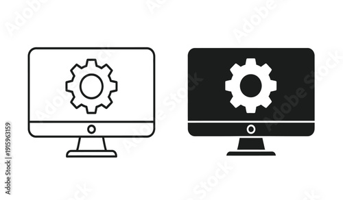 Two computer monitors with gear icons on screens in black and white