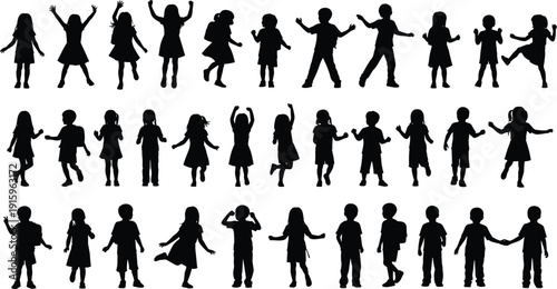 Collection of children silhouettes illustration, diverse kids vector set, playful figures artwork design, childhood activity graphics, social interaction icons