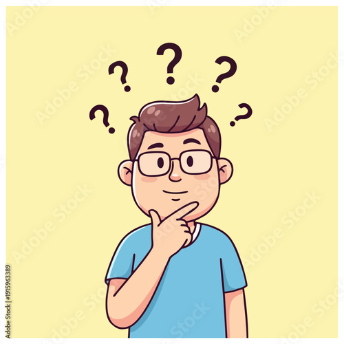 Man Contemplating with Question Marks Above, Lost in Thought, w95.svg Illustration, Cartoon Style, Confused Expression