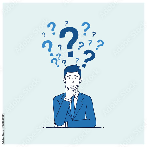 Man in contemplation surrounded by question marks in a thoughtful pose