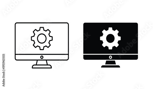 Two computer monitors with gear icons on screen in black and white