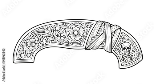 Ornate Pistol Grip with Skull and Crossbones Motif - Vintage Engraving Style