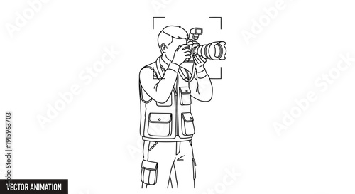 Photographer in Vest with Camera, Capturing a Shot, Focus Frame