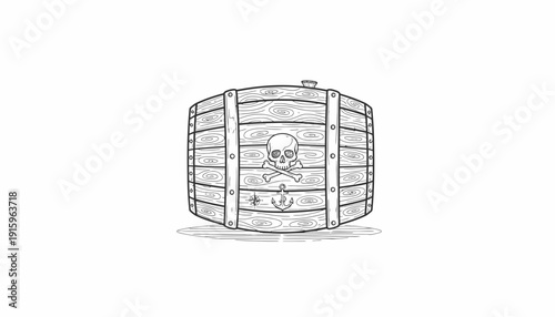 Pirate Barrel with Skull and Anchor Symbol, Vintage Nautical Illustration