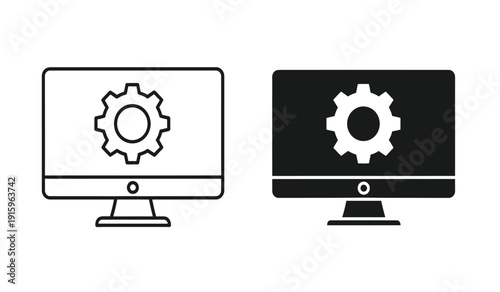 Black and white line icons of computer monitors with gear symbols on screen