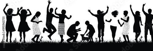 Children silhouettes playing outdoors, jumping, dancing, clapping, joyful interaction, lively movement, grass field, community, childhood illustration concept