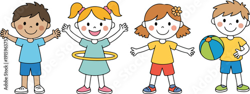 Cute Kids Playing Vector Set Jump Rope, Ball, and Hula Hoop