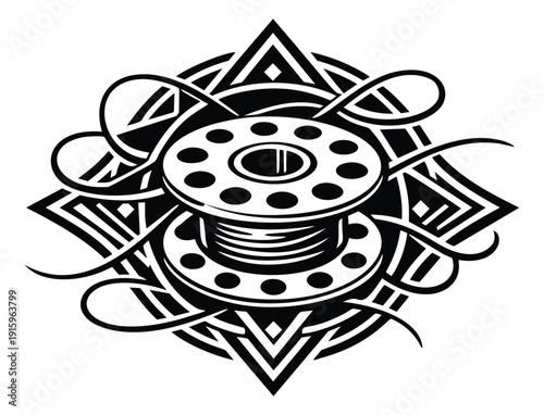 Stylized illustration of a sewing bobbin depicting an ornamental design for creative crafts