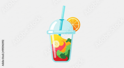 Colorful layered drink in plastic cup with straw and orange slice on white background