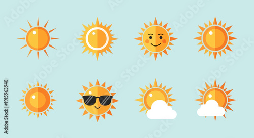 Set of Cute Sun Icons with Different Emotions and Weather Elements