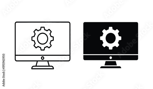 Two computer monitors with gear icons on screens in black and white