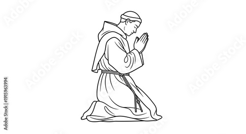 Monk praying on knees, religious devotion, spiritual meditation, black and white drawing
