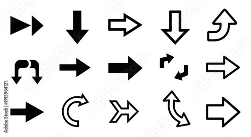 Collection of Diverse Arrow Icons and Symbols for Navigation and Direction