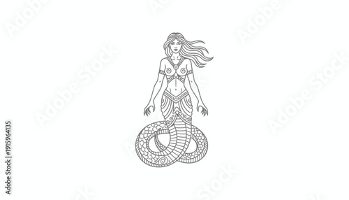 Naga Woman Mythical Creature Line Art Illustration
