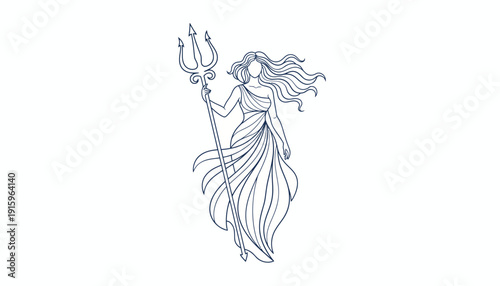 Mythological Woman with Trident, Flowing Dress, Wavy Hair, Ancient Goddess Figure