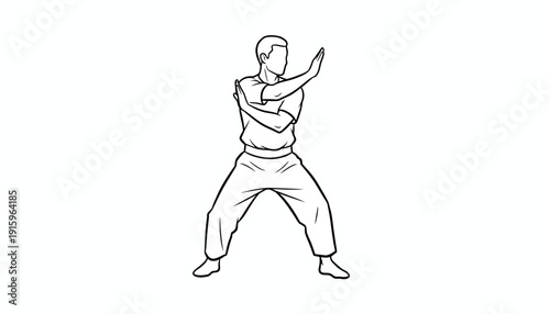 Martial Arts Practitioner Performing Defensive Stance with Crossed Arms